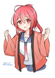 1girl 2019 :d ahoge ascot clenched_hands dated dotera female_focus gradient_ascot gradient_neckwear hair_between_eyes hair_ribbon highres i-168_(kancolle) kantai_collection long_hair looking_at_viewer necktie open_mouth ponytail red_eyes red_hair red_necktie ribbon sakikumo_(sakumo) school_swimsuit school_uniform serafuku simple_background smile solo swimsuit swimsuit_under_clothes twitter_username upper_body white_background
