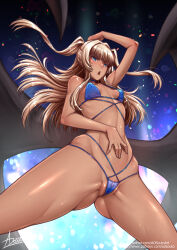 1girl :o adsouto arm_up ass bikini blonde_hair blue_bikini blue_eyes breasts curvy dark-skinned_female dark_skin demon_girl demon_wings futaba_lili_ramses gluteal_fold hand_on_own_stomach highres long_hair low_wings shiny_skin signature small_breasts solo string_bikini swimsuit taimanin_(series) taimanin_rpgx tentacle_and_witches thong thong_bikini two_side_up wide_hips wings