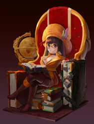 1girl absurdres bad_id bad_pixiv_id book book_stack braid breasts brown_background brown_eyes brown_footwear brown_hair brown_neckwear brown_pants chain choker cleavage crossed_legs female_focus globe gradient_background grimoire hat hat_feather highres jewelry key key_necklace large_breasts librarian lock looking_at_viewer necklace open_book orange_hat original pants ring rug simple_background sitting solo throne yuudokou_shounen