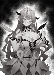 1girl absurdres bare_shoulders between_breasts blush breasts clothes_pull commission condom condom_wrapper darkdeaththorn detached_collar detached_sleeves dress_flower dress_pull flower greyscale halo head_tilt highres hololive hololive_english irys_(hololive) irys_(irys_2.0)_(hololive) large_breasts long_hair long_sleeves looking_at_viewer monochrome pixiv_commission pointy_ears seductive_smile smile solo strap_pull very_long_hair virtual_youtuber w wide_sleeves