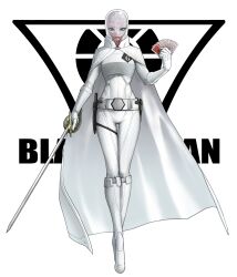 1girl bald bald_girl belt black_eyes black_eyeshadow bodysuit boots cape card combat_knife commentary eidenjyou1997 emblem english_commentary eyeshadow fishbowl_helmet full_body genderswap genderswap_(mtf) general_shadow gloves highres holding holding_card holding_sword holding_weapon kamen_rider kamen_rider_stronger_(series) knee_boots knife knife_sheath lipstick looking_at_viewer makeup red_lips scabbard sheath sheathed simple_background solo standing straight-on sword unsheathed veins weapon white_background white_belt white_bodysuit white_boots white_cape white_gloves