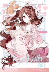 1girl absurdres ahoge alternate_costume animal_ears arknights artist_name brown_hair buqiyong character_name dated dress eyjafjalla_(arknights) hair_intakes heart highres horns looking_at_viewer miniso red_eyes sheep_ears sheep_girl sheep_horns short_hair_with_long_locks sitting smile solo stuffed_animal stuffed_rabbit stuffed_toy three-quarter_sleeves white_dress