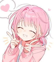 1girl ^_^ blush choppy_bangs closed_eyes commentary double_v english_commentary grin hair_intakes hands_up heart highres jacket long_sleeves low_twintails open_clothes open_jacket original orphaneater_io pink_jacket portrait shirt short_hair short_twintails simple_background smile speech_bubble teeth twintails v white_background white_shirt