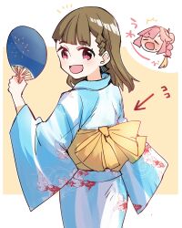 2girls :d animal_print anyoji_hime back_bow black_bow blonde_hair blue_kimono blush border bow braid brown_hair center-flap_bangs chibi chibi_inset closed_eyes commentary_request cowboy_shot fish_print hair_bow highres japanese_clothes kachimachi_kosuzu kanduki_kamibukuro kimono koi link!_like!_love_live! long_sleeves looking_at_viewer looking_back love_live! multi-tied_hair multiple_girls obi official_alternate_costume open_mouth outside_border pink_hair ponytail sash side_braids simple_background smile solo solo_focus standing v-shaped_eyebrows virtual_youtuber white_border yellow_background yellow_sash yukata