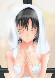 1girl amagami bare_shoulders bathroom black_hair blush bob_cut breasts closed_eyes collarbone female_focus murasaki_iro nanasaki_ai short_hair solo steam towel