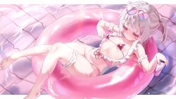 1girl arm_garter barefoot bikini border breasts can drinking_straw eyewear_on_head frilled_garter frills furrowed_brow hair_ornament hairclip hairpin hands_up heart heart-shaped_eyewear highres holding holding_can kakuma_aru lying medium_hair micro_bikini navel on_back original outside_border pink-framed_eyewear pink-tinted_eyewear pink_bikini pink_eyes pool raised_eyebrows shiny_clothes single_bare_leg small_breasts solo sunglasses swim_ring swimsuit tinted_eyewear twintails water white_border white_hair