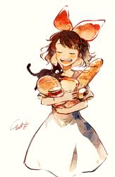 1girl bad_id bad_pixiv_id baguette black_hair bow bread cat dress closed_eyes food hair_bow jam jar jiji_(majo_no_takkyuubin) kiki_(majo_no_takkyuubin) majo_no_takkyuubin melon_bread open_mouth smile studio_ghibli tsubaki_(teatime0)