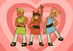Rule 34 | 3boys, arm up, black hair, blossom (ppg), blossom (ppg) (cosplay), blue dress, bluechanas, bubbles (ppg), bubbles (ppg) (cosplay), buttercup (ppg), buttercup (ppg) (cosplay), cigarette, commentary request, cosplay, crossed arms, dress, earrings, green dress, green hair, hat, heart, highres, jewelry, monkey d. luffy, multiple boys, one piece, pantyhose, powerpuff girls, red dress, roronoa zoro, sanji (one piece), scar, scar across eye, scar on face, sleeveless, sleeveless dress, smile, spanish commentary, straw hat, twintails