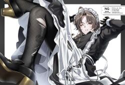 1boy absurdres ahoge apron black_gloves black_jacket black_pantyhose black_shoes border braid brown_eyes brown_hair colored_shoe_soles crossdressing crossed_legs curtained_hair dress floral_print gloves high_heels highres jacket kanae_(20th_costume)_(nijisanji) kanae_(nijisanji) long_dress long_sleeves maid maid_apron maid_headdress male_focus male_maid medium_hair mora_ga_nee nijisanji official_alternate_costume one_eye_closed outside_border pantyhose parted_lips reclining rose_print shoes simple_background single_braid solo torn_clothes torn_pantyhose virtual_youtuber watermark white_apron white_background white_sleeve_cuffs