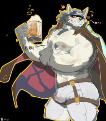 1boy abs absurdres alcohol animal_ears another_eidos-r bara beer beer_mug biceps bulge chinese_text coat coat_on_shoulders commentary cup dated english_commentary full_house_(another_eidos) furry furry_male grey_fur grin headband highres holding holding_cup lan_uxn looking_at_viewer mouth_hold mug muscular muscular_male nipple_chain nipples pants pectorals signature smile stalk_in_mouth translation_request white_pants wolf_boy wolf_ears