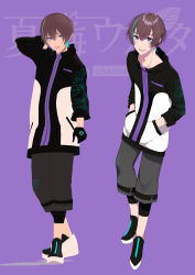 1boy 3d absurdres black_gloves blue_hair bright_pupils brown_hair reference_sheet collarbone gloves grey_shorts hands_in_pockets highres indie_virtual_youtuber jacket looking_at_viewer multicolored_hair multiple_views natsume_ulta open_mouth pochi_(pochi-goya) purple_background purple_eyes shorts smile streaked_hair virtual_youtuber white_pupils