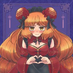 1girl 793_(oo793oo) alternate_costume apron black_apron black_bow blue_background blush bow breasts chinese_clothes detached_sleeves double_bun dress freckles hair_bow hair_bun heart heart_hands ishmael_(project_moon) limbus_company long_hair looking_at_viewer orange_hair project_moon red_dress simple_background solo standing upper_body very_long_hair yellow_eyes