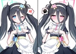 Rule 34 | 2girls, absurdres, alternate costume, alternate hairstyle, apron, aris (blue archive), black dress, black hair, blue archive, blue eyes, blue flower, blue halo, blue necktie, blush, closed mouth, dress, flower, hair between eyes, hair flower, hair ornament, hairband, halo, heart, heart hands, highres, kei (blue archive), kurana (atlas), long bangs, long hair, maid, maid apron, multiple girls, necktie, pink eyes, pink flower, pink halo, pink necktie, short sleeves, smile, sweat, twintails, white apron, white hairband