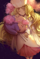 absurdres blonde_hair blush blush_stickers caitlin_(pokemon) closed_eyes dress eyelashes gas gen_5_pokemon hat highres long_hair long_sleeves longyu musharna nintendo pokemon pokemon_(creature) pokemon_bw sleeping very_long_hair white_dress white_hat