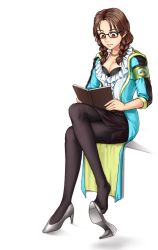 1girl black_pantyhose black_skirt brown_eyes brown_hair coat eyeglasses formal_clothes glasses high_heels highres julia_chang miniskirt mori_no_yousei namco pantyhose pencil_skirt reading sitting skirt skirt_suit suit tekken tekken_7 tight_skirt
