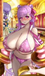 1boy 4girls absurdres animal_hood bandaged_head bandages bare_shoulders bb_(fate) bb_dubai_(fate) bikini black_jacket blush braid braided_hair_rings breasts claw_(weapon) cleavage clothing_cutout command_spell fate/grand_order fate_(series) floral_print fujimaru_ritsuka_(male) giant giantess hair_ribbon hair_rings highres holding_hands hood huge_breasts jacket kingprotea_(fate) long_hair long_sleeves looking_at_viewer meltryllis meltryllis_(fate) meltryllis_(swimsuit_lancer)_(fate) meltryllis_(swimsuit_lancer)_(first_ascension)_(fate) multiple_girls open_clothes open_jacket passionlip_(celeb_summer_experience_swimsuit)_(fate) passionlip_(fate) penguin_hood pink_bikini pink_eyes pink_jacket pink_ribbon purple_hair raskasar red_eyes ribbon shoulder_cutout solo_focus sunglasses swimsuit thighs very_long_hair weapon yellow_ribbon