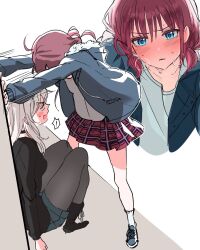 2girls aa_seira black_boots black_choker black_pantyhose black_sweater blue_eyes blue_jacket blue_shoes blush boots choker commentary_request girls_band_cry grey_hair highres iseri_nina jacket kabedon kawaragi_momoka korean_commentary long_hair multiple_girls pantyhose parted_lips red_hair shirt shoes short_twintails sweat sweater twintails white_shirt yuri