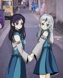 2girls aged_down blue_dress blue_hair blush child closed_mouth detached_sleeves dress eva_(hundred_line) female_focus frown heterochromia highres holding_hands looking_at_viewer multicolored_eyes multicolored_hair multiple_girls photo_background pointy_ears purple_eyes purple_hair red_eyes shirt siblings sisters smile standing the_hundred_line_-last_defense_academy- turning_head v&#039;ehxness white_hair white_shirt