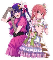 Rule 34 | 2girls, belt, black belt, blush, bow, braid, commentary, cropped legs, crossover, elbow gloves, gloves, green bow, hair ornament, hashtag-only commentary, hat, highres, hirayama kanna, holding, holding microphone, hoshino ai, idol, idol clothes, kanojo okarishimasu, long hair, looking at viewer, microphone, mini hat, multiple girls, one side up, open mouth, oshi no ko, pink hair, puffy short sleeves, puffy sleeves, purple eyes, purple hair, rabbit hair ornament, sakurasawa sumi, see-through clothes, see-through sleeves, short sleeves, side braid, sidelocks, simple background, star-shaped pupils, star (symbol), star hair ornament, symbol-shaped pupils, takahashi rie, teeth, unmoving pattern, upper body, voice actor connection, white background, white gloves