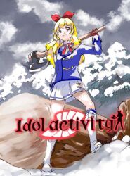 &gt;:) 1girl aikatsu! aikatsu!_(series) axe blonde_hair bow cloud cloudy_sky commentary_request devil_may_cry_(series) forest grey_sky hair_bow hairband holding holding_axe hoshimiya_ichigo leg_up log logo_parody long_hair mountain mountainous_horizon nature parody red_bow red_eyes red_hairband ribbon scenery school_uniform sky smile snow starlight_academy_school_uniform v-shaped_eyebrows wakewaka_ran
