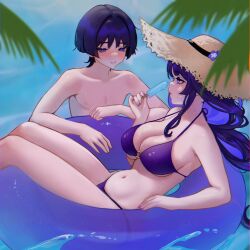 1boy 1girl alternate_costume ange510763 artist_name bare_shoulders bikini blue_pupils blunt_bangs blunt_ends blurry blush breasts cleavage clenched_hand closed_mouth collarbone colored_inner_hair contemporary depth_of_field eyeliner eyeshadow fingernails flower_hat food genshin_impact hair_intakes hat highres holding holding_food holding_popsicle large_breasts lifebuoy long_hair looking_at_another low-braided_long_hair low-tied_long_hair lying makeup melting_popsicle mother_and_son multicolored_hair navel nipples o-ring o-ring_bikini on_back open_hand open_mouth pectorals pink_lips popsicle purple_bikini purple_eyes purple_hair purple_nails raiden_shogun red_eyeliner red_eyeshadow scaramouche_(genshin_impact) sideboob single_sidelock sitting_on_water skindentation straw_hat swim_ring swimsuit topless_male tsurime underboob wet wispy_bangs