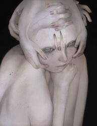 Rule 34 | 1girl, absurdres, black background, commentary, extra hands, freckles, highres, mikasamu, mole, mole on back, mole under eye, nude, original, simple background, solo, veins, veiny hands