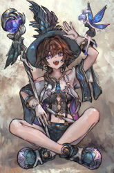 2girls absurdres bare_legs bare_shoulders black_dress black_shorts blue_eyes blue_shoes brown_hair clothing_cutout crescent crop_top crossed_legs dress earrings fairy fairy_wings gem gloves gold_necklace hair_between_eyes hair_intakes hand_up hat highres holding holding_staff jewelry mage_staff midriff multiple_girls navel necklace open_mouth original ponytail purple_gemstone sabamiso_taro shirt shoes short_hair short_shorts short_sleeves shorts shoulder_cutout single_earring sitting staff teeth upper_teeth_only white_gloves white_shirt wide_sleeves wings witch witch_hat