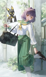 1girl absurdres bag black_hair blush brown_eyes brown_shoes commentary_request fang floating green_sailor_collar green_skirt hair_intakes highres hiiragi_utena koshouko_(fenrisulfr1010) long_skirt mahou_shoujo_ni_akogarete medium_hair neckerchief open_mouth outdoors sailor_collar school_bag school_uniform shoes skirt smile star_(symbol) venalita yellow_neckerchief