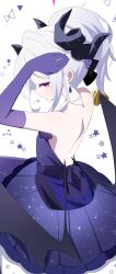 1girl absurdres back blue_archive breasts commentary demon_girl demon_horns demon_wings dress earrings gloves highres hina_(blue_archive) hina_(dress)_(blue_archive) horns jewelry long_hair looking_at_viewer nape necklace pendant purple_dress purple_eyes purple_gloves sasanoha_(sasanoha0712) small_breasts solo white_hair wings