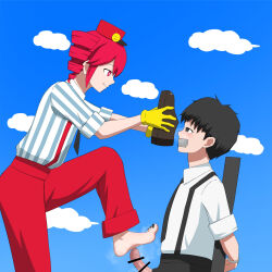 1boy 1girl absurdres bar_censor barefoot censored drill_hair eris_(user_tmtm4888) feet femdom footjob hat highres kasane_teto long_hair mesmerizer_(vocaloid) red_eyes red_hair shoes single_shoe smell smelling smile steam toes twin_drills unworn_shoes
