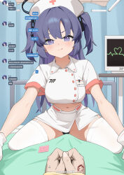 1boy 1girl absurdres bed black_panties blue_archive breasts cardiogram condom condom_wrapper doodle_sensei_(blue_archive) garter_straps gloves hat heart highres hoshi_kitsune hospital_bed large_breasts licking_lips long_hair looking_at_viewer midriff miniskirt navel nurse nurse_cap panties pov purple_eyes purple_hair sensei_(blue_archive) short_sleeves skirt solo_focus thighhighs tongue tongue_out translation_request two_side_up underwear white_garter_straps white_gloves white_skirt white_thighhighs yuuka_(blue_archive)