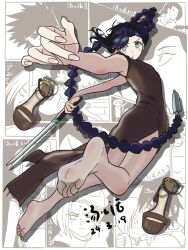1girl alternate_costume black_hair braid chinese_clothes feet green_eyes highres long_hair looking_at_viewer pantyhose scissor_seven shoes short_sword soles sword tangerhua thirteen_(scissor_seven) unworn_shoes weapon