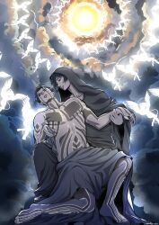 1boy 1girl absurdres aghoby angel angel_(megami_tensei) angel_wings artist_name barefoot black_hair black_robe black_veil body_markings circle closed_eyes cloud commission covering_privates demi-fiend full-body_tattoo glowing glowing_tattoo highres muscular muscular_male nude_cover robe shin_megami_tensei shin_megami_tensei_iii:_nocturne short_hair signature silhouette sun takao_yuko tattoo veil wings
