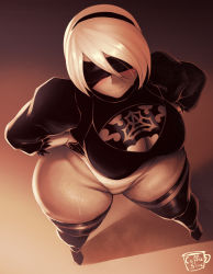 1girl artist_name ass black_blindfold blindfold blush boots breasts cleavage coffeeslice curvy elbow_gloves from_above gloves hairband hands_on_own_hips highres huge_ass juliet_sleeves large_breasts leotard long_sleeves nier_(series) nier:automata puffy_sleeves short_hair solo sweat thick_thighs thigh_boots thighhighs thighs white_hair wide_hips 2b_(nier:automata)