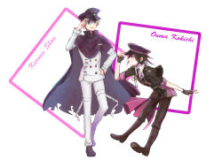 Rule 34 | 2boys, adjusting clothes, adjusting headwear, arm belt, black cape, black capelet, black gloves, black hair, blonde hair, blue eyes, boots, buttons, cape, capelet, character name, collared shirt, commentary request, cosplay, costume switch, crossover, danganronpa (series), danganronpa v3: killing harmony, fingerless gloves, flipped hair, full body, gloves, hair between eyes, hand on own hip, hat, height difference, idol clothes, jacket, kitsunebi v3kokonn, knee boots, kurusu shou, kurusu shou (cosplay), leaning forward, long sleeves, looking at another, male focus, multicolored buttons, multiple boys, necktie, oma kokichi, oma kokichi (cosplay), open mouth, pants, partial commentary, peaked cap, profile, purple eyes, purple hair, shirt, short hair, smile, standing, thigh strap, torn cape, torn clothes, uta no prince-sama, white background