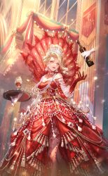 Rule 34 | 1girl, alcohol, artist request, banner, banquet of passion (shining nikki), bare shoulders, blonde hair, bottle, breasts, cleavage, cowboy shot, cross, cross necklace, cup, curly hair, disembodied hand, dress, drinking glass, earrings, erinka (shining nikki), fringe trim, game cg, gleam, gloves, gown, grey thighhighs, hair bun, highres, holding, holding bottle, holding tray, indoors, jewelry, knees, lace, lace-trimmed thighhighs, lace trim, light particles, lipstick, long dress, looking at object, looking at viewer, makeup, necklace, night, nikki (series), official art, outstretched hand, parted lips, red dress, red gloves, red lips, see-through clothes, see-through thighhighs, shining nikki, short hair, single hair bun, smile, solo, standing, strapless, strapless dress, tassel, thighhighs, tiara, tray, updo, wavy hair, white tiara, window, wine, wine bottle, wine glass, yellow eyes