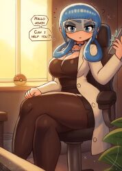 1girl ? black_pantyhose black_shirt blue_eyes blue_hair blue_nails blue_necktie blush breasts chair choker cleavage coat collarbone crossed_legs earrings goggles hair_rings holding holding_tablet_pc jewelry lab_coat large_breasts long_hair long_sleeves looking_at_viewer mable_(pokemon) necktie nintendo open_clothes open_coat pantyhose pencil_skirt plant poke_ball poke_ball_(basic) pokemon pokemon_legends:_z-a shirt sitting skirt sky speech_bubble swivel_chair tablet_pc thick_thighs thighs tony_welt trash_can tree white_coat wide_hips window