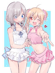 2girls ahoge alternate_costume asymmetrical_bangs ayano_rika back_bow bare_arms bare_shoulders bikini bikini_skirt black_bow blonde_hair blue_background blue_bow blue_eyes blue_ribbon blunt_bangs blush border bow buttons commentary_request covered_erect_nipples cowboy_shot eyes_visible_through_hair fingernails flustered frilled_bikini frilled_one-piece_swimsuit frills grey_hair hair_between_eyes hair_bow hair_ornament hair_over_one_eye hair_over_shoulder hair_scrunchie happy heart highres isuzu_ren light_blush light_particles long_hair looking_at_another looking_at_viewer low_twintails magia_record:_mahou_shoujo_madoka_magica_gaiden mahou_shoujo_madoka_magica miniskirt multiple_girls navel one-piece_swimsuit one_eye_closed open_mouth outline outside_border outstretched_arm own_hands_together pink_bikini pink_ribbon pink_scrunchie pink_skirt plaid_bow pleated_skirt red_eyes ribbon scrunchie short_hair short_twintails skirt smile spaghetti_strap standing stomach swimsuit tareme thighs twintails ultimate_magnum v waist_ribbon wavy_mouth white_border white_one-piece_swimsuit white_outline wide-eyed