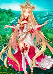 Rule 34 | 1girl, bare shoulders, bra, breasts, cleavage, cleavage cutout, closed mouth, clothing cutout, crown, detached leggings, dress, europa (fate), fate/grand order, fate (series), feet out of frame, fingernails, frilled dress, frills, game cg, halterneck, hands up, high-low dress, high collar, large breasts, lingerie, long hair, looking at viewer, low neckline, off-shoulder dress, off shoulder, official art, outstretched arms, panties, panty peek, parted bangs, pink nails, purple eyes, red bra, red panties, redjuice, sandals, see-through clothes, see-through dress, smile, solo, strapless, strapless dress, thigh gap, third-party source, three-quarter sleeves, two-sided dress, two-sided fabric, underwear, variant set, very long hair, white dress