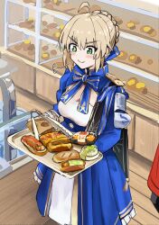 1boy 1girl ahoge archer_(fate) archer_(honkai:_star_rail)_(fate) artoria_pendragon_(fate) blue_dress blue_ribbon blush braid bread closed_mouth commentary dress fate/stay_night fate/unlimited_blade_works fate_(series) food green_eyes hair_ribbon highres honkai:_star_rail honkai_(series) indoors long_sleeves neck_ribbon notonaon official_alternate_costume ribbon saber_(fate) saber_(honkai:_star_rail)_(fate) smile symbol-shaped_pupils