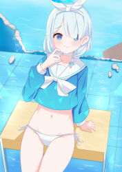 1girl :&gt; absurdres arona_(blue_archive) bikini bikini_bottom_only blue_archive blue_eyes blue_halo blush braided_sidelock closed_mouth desk hair_ribbon halo hand_on_own_cheek hand_on_own_face highres loli looking_at_viewer navel no_pants panties ribbon school_desk shy side-tie_bikini_bottom solo stomach swimsuit thighs underwear white_bikini white_panties youyoukai