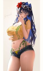 1girl ;d absurdres alternate_costume bikini black_hair black_shorts blue_eyes blue_hair blue_nails breasts commentary cropped_shirt eyewear_on_head flower green_bikini green_shirt hair_flower hair_intakes hair_ornament highleg highleg_bikini highres hololive hololive_english large_breasts long_hair looking_at_viewer lyusiola micro_shorts midriff multicolored_bikini multicolored_hair navel one_eye_closed open_clothes open_mouth open_shorts ouro_kronii red_flower shirt shorts signature simple_background smile solo sunglasses swimsuit thighs two-tone_bikini two-tone_hair two-tone_shirt v virtual_youtuber yellow_bikini yellow_shirt