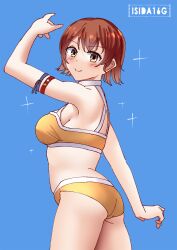 Rule 34 | 1girl, armband, artist logo, artist name, bikini, blue background, breasts, brown eyes, brown hair, choker, cowboy shot, highres, ishida arata, kantai collection, logo, looking at viewer, medium breasts, official alternate costume, orange bikini, richard p. leary (kancolle), richard p. leary (swimsuit) (kancolle), short hair, simple background, solo, sparkle, standing, swimsuit, white choker