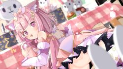 1girl ^^^ absurdres animal_ear_fluff animal_ears ass bare_shoulders blunt_bangs blurry blurry_background blurry_foreground blush bow cat_ears cat_girl commission convenient_censoring crane_game depth_of_field detached_sleeves dress drooling dutch_angle eating food fortissimo from_behind hair_bow hair_ornament highres holding holding_food leaning_forward long_hair long_sleeves looking_at_viewer looking_back low_twintails multicolored_hair musical_note musical_note_hair_ornament no_panties open_mouth original panties pantyshot pink_bow pink_dress pink_eyes pink_hair puffy_sleeves ribbon shiro9jira skeb_commission skirt solo star_(symbol) star_print streaked_hair stuffed_animal stuffed_rabbit stuffed_toy surprised table twintails underwear v-shaped_eyebrows white_dress white_sleeves
