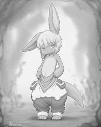 1other animal_ears barefoot bob_cut full_body furry greyscale head_tilt highres horizontal_pupils inverted_bob kionant looking_at_viewer made_in_abyss medium_hair monochrome nanachi_(made_in_abyss) parted_lips puffy_pants rabbit_ears signature smile solo standing tail topless_other whiskers