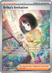 Rule 34 | 1girl, artist name, black hair, bottle, brown eyes, card (medium), character name, closed mouth, company name, copyright name, copyright notice, curtains, english text, erika (pokemon), eyelashes, flower, hairband, holding, japanese clothes, kimono, nintendo, nitanda cona, official art, perfume bottle, plant, pokemon, pokemon card, pokemon frlg, pokemon tcg, red hairband, smile, solo, third-party source, trading card, upper body, window, yellow kimono