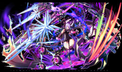 1girl ahoge breasts chain copyright_name drone eden&#039;s_ritter_grenze floating floating_object floating_sword floating_weapon full_body highres horns long_hair medium_breasts purple_eyes purple_hair sakuya_tsuitachi scarf school_swimsuit shiny_clothes skeletal_tail solo swimsuit sword tail very_long_hair weapon
