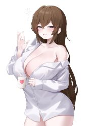 1girl absurdres bare_shoulders blue_eyes breasts brown_hair cleavage collarbone commentary_request commission cowboy_shot cup dress_shirt fang hand_up highres holding holding_cup korean_commentary large_breasts long_hair long_sleeves looking_at_viewer mug naked_shirt off_shoulder open_mouth original pharamacom second-party_source shirt simple_background skin_fang smile solo takamiya_keika very_long_hair white_background white_shirt