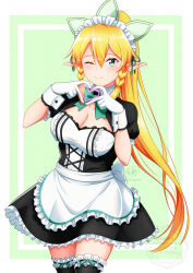 1girl alternate_costume apron black_shrug black_skirt black_thighhighs blonde_hair bow braid breasts cleavage cowboy_shot enmaided floating_hair frilled_apron frilled_skirt frilled_wrist_cuffs frills gloves green_bow green_ribbon hair_ribbon heart heart_hands high_ponytail highres ken-ji leafa_(sao) long_hair maid maid_headdress medium_breasts miniskirt ponytail ribbon short_sleeves shrug_(clothing) side_braids sidelocks skirt solo standing sword_art_online thighhighs very_long_hair waist_apron white_apron white_gloves white_wrist_cuffs wrist_cuffs zettai_ryouiki