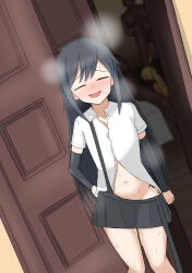 Rule 34 | 2boys, 2girls, absurdres, after fellatio, aftersex, akairisawa, although she hurriedly put on clothes (meme), asashio (kancolle), black hair, black skirt, blonde hair, closed eyes, collared shirt, dark-skinned male, dark skin, doorway, facing viewer, hetero, highres, hip tattoo, interracial, kantai collection, long hair, loose clothes, multiple boys, multiple girls, netorare, pov doorway, shirt, skirt, steaming body, stray pubic hair, sweat, tattoo, white shirt